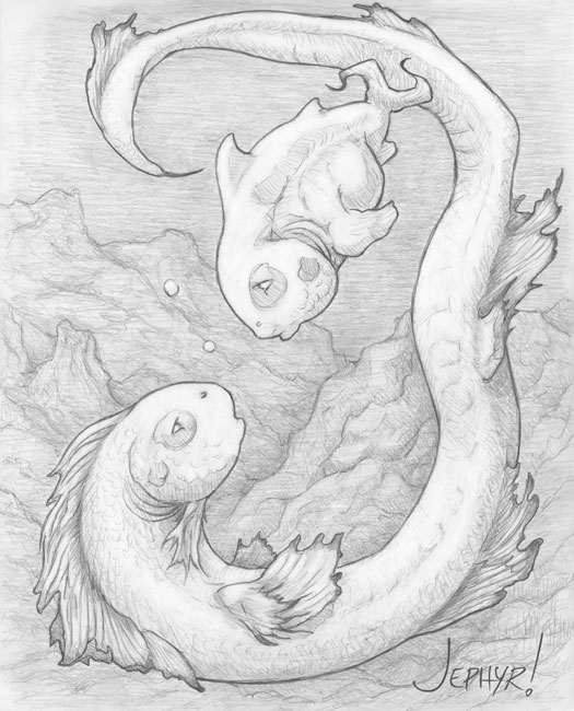 "Be Careful Li'l Fishies; - Pencil Drawing - Copyright 2019, Jephyr (Jeff Curtis), All Rights Reserved